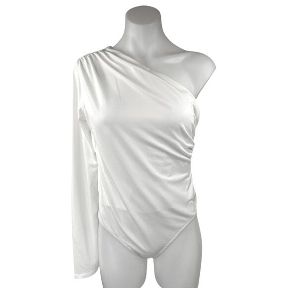 Zara Women's White One Shoulder Long Sleeve Ruched Bodysuit Blouse Top Size L - Picture 1 of 4